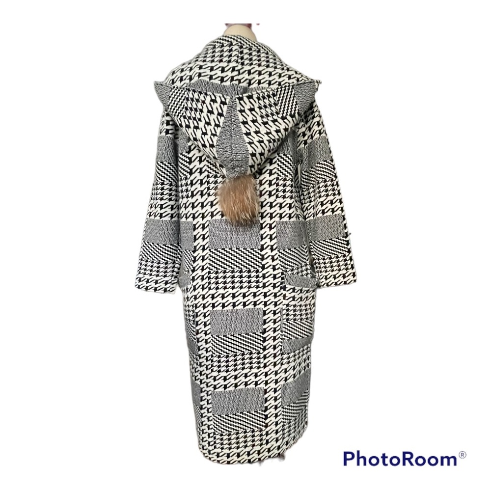 *Clearance* Kedian Long Wool Blend Peacoat Oversized Houndstooth and Pompom